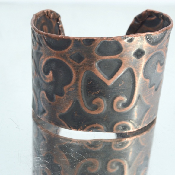Solid Copper Filigree Wide Cuff Bracelet Damask Patina Embossed Handmade Custom - Picture 8 of 8
